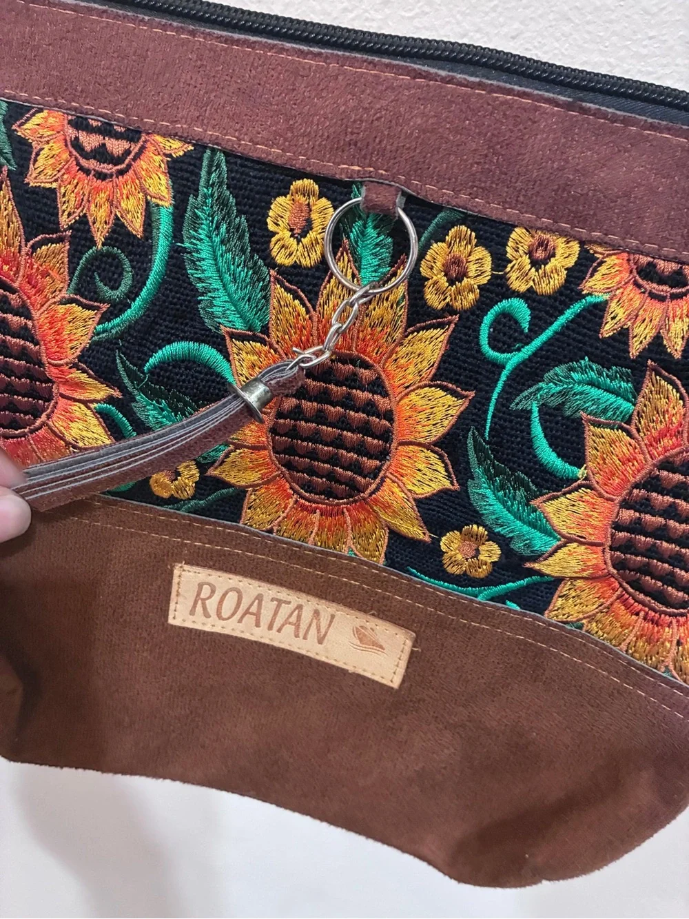 Brown Sunflower Embroidered Crossbody Bag